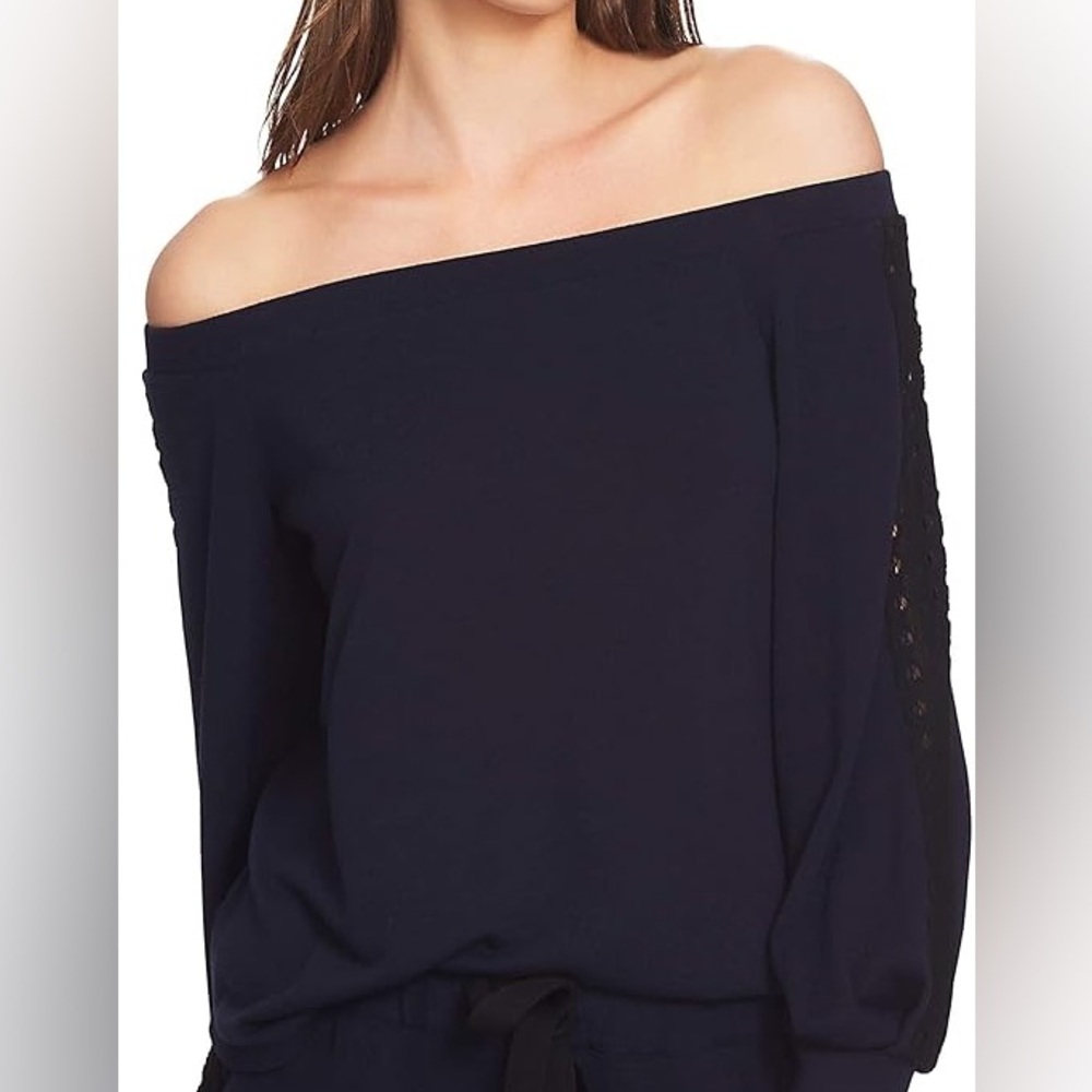 1. STATE L navy Off the Shoulder Lace Sleeves Top